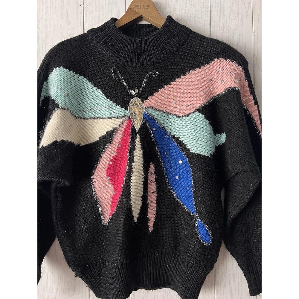 Vintage 1980's‎ Ginenne Knit Sweater Butterfly Sparkle Black Medium Holiday Fall